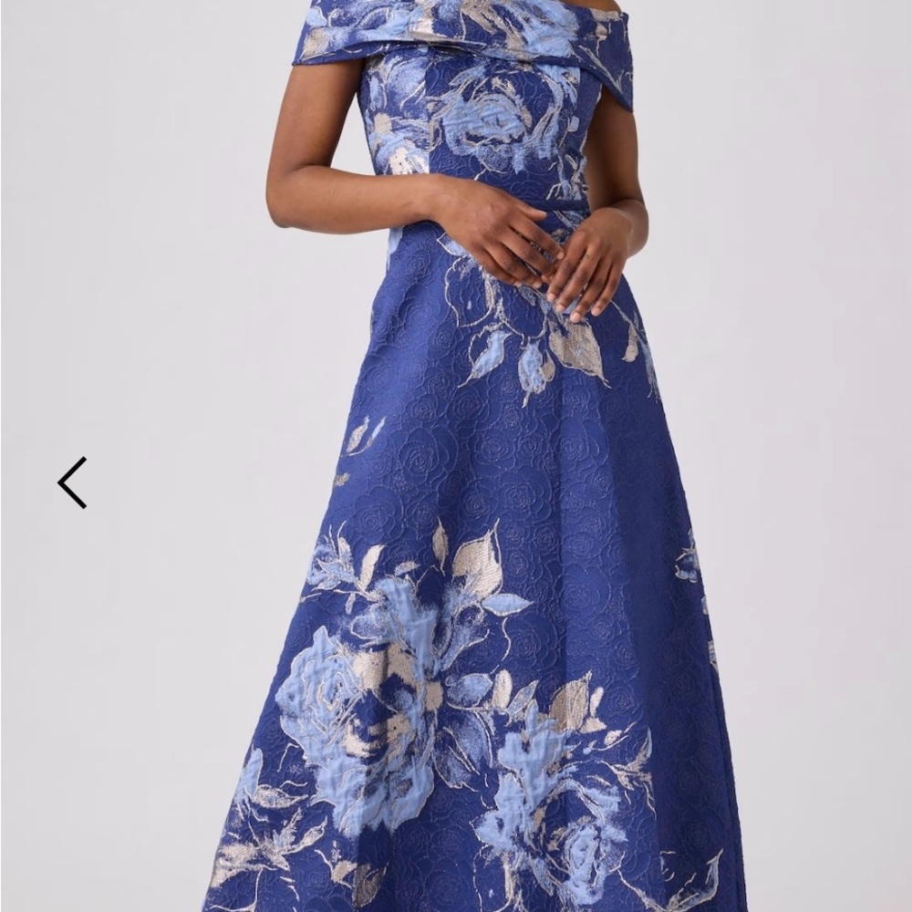 Teri Jon Elegant Blue Floral Off-Shoulder Metallic Jacquard Dress